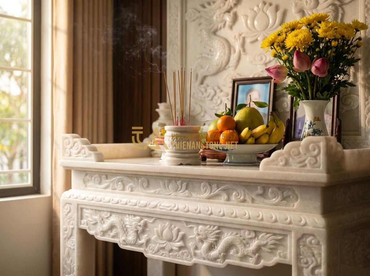 Create a professional high-resolution image of a traditional Vietnamese ancestral altar made from natural granite stone, placed in a cozy family home interior with burning incense, fresh flowers, fruits offerings, soft warm lighting creating a serene and spiritual atmosphere, photorealistic style with detailed carvings
