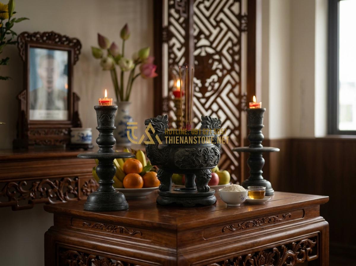 Create a professional high-resolution image of a detailed stone incense burner and candle holders for worship made from high-quality granite, placed on an elegant stone altar with offerings, in a peaceful Vietnamese ancestral worship room, photorealistic with intricate carvings and soft glowing light