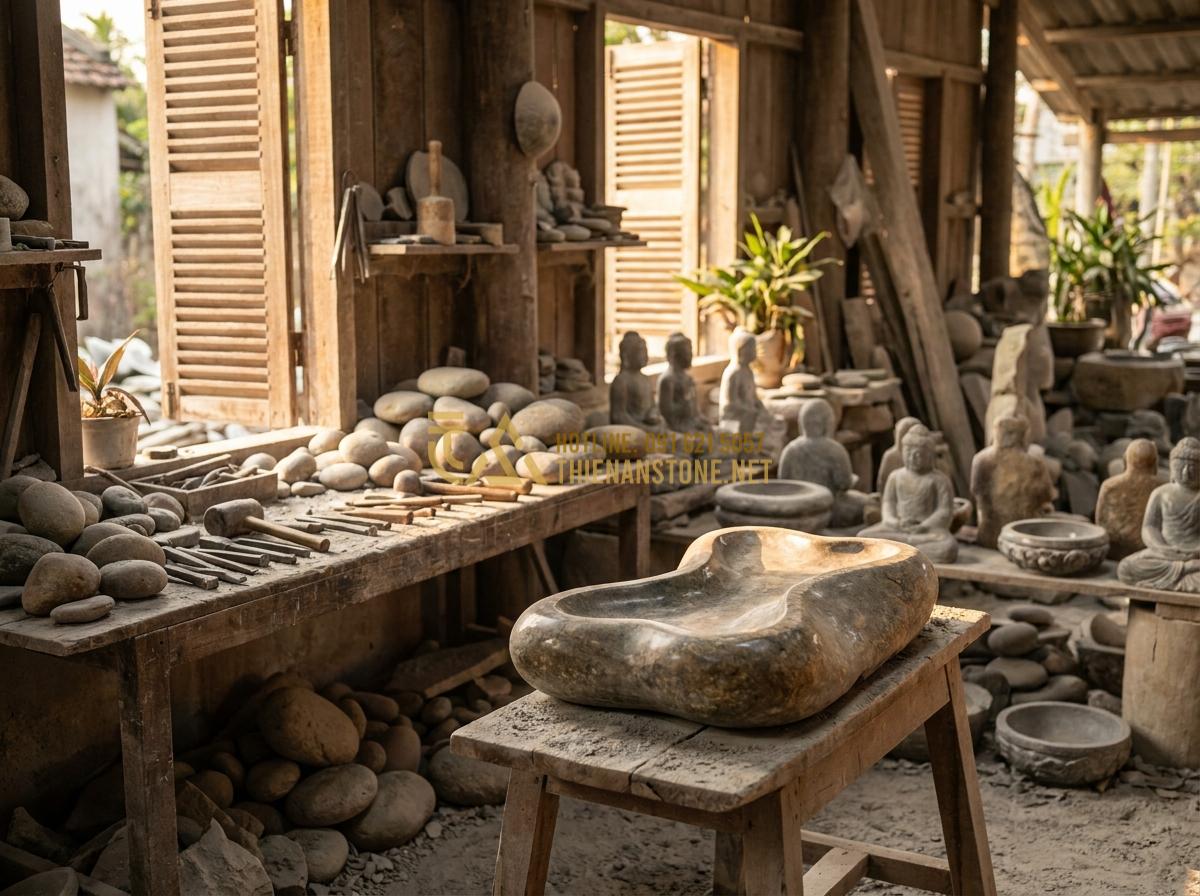 Create a professional high-resolution image of artisans at work carving stone worship items in a traditional Vietnamese stone workshop, showing detailed handcrafting process on granite for altars and statues, warm workshop lighting, realistic and inspirational style