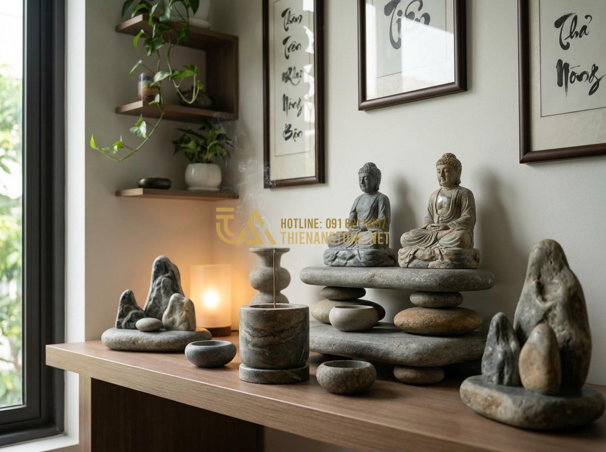 Create a professional high-resolution image of a complete set of natural stone worship items including altar, statues, incense burners and decorative elements arranged harmoniously in a modern Vietnamese home temple room, with subtle spiritual ambiance and high detail