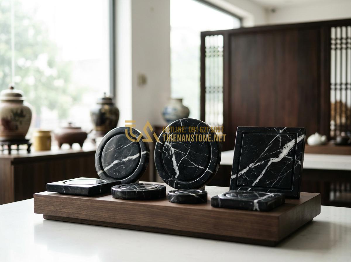 Tạo ảnh tiếng Anh: Variety of different natural stone bottom drain covers for fish ponds displayed in a professional stone showroom, various sizes and colors of granite, clean lighting, high-end product photography style, detailed textures visible