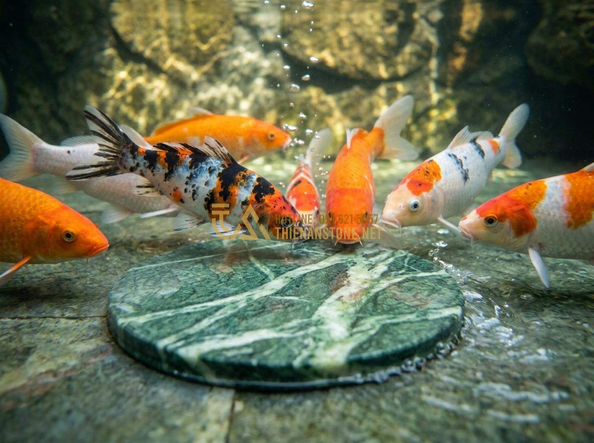 Tạo ảnh tiếng Anh: Underwater close-up view inside a koi pond showing healthy colorful koi fish swimming near a stone bottom drain cover, bubbles and clean water flow, vibrant colors, professional aquatic photography with natural light