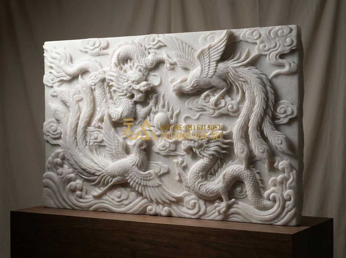 Create a high-resolution professional photo of a large natural stone bas-relief sculpture carved on premium granite slab, featuring intricate Vietnamese dragon and phoenix motifs in high relief, dramatic side lighting highlighting deep textures and 3D depth, elegant studio setting with soft neutral background, luxurious and timeless artistic style, 8k quality
