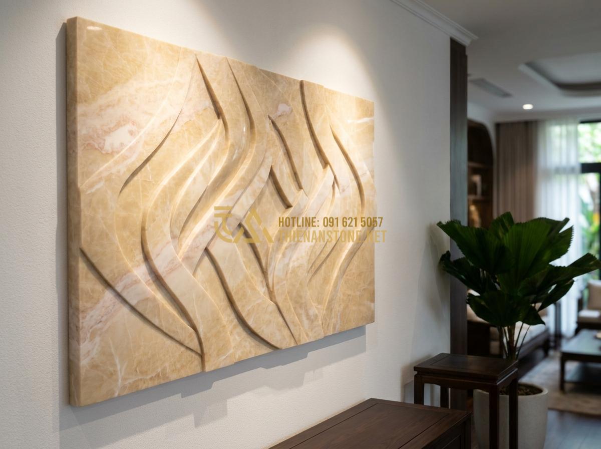 Create a sophisticated professional photograph of an abstract natural stone bas-relief sculpture in modern minimalist style, carved on black granite with flowing geometric patterns, dramatic spotlighting, clean white wall background, high-end contemporary interior setting, ultra realistic 8k resolution