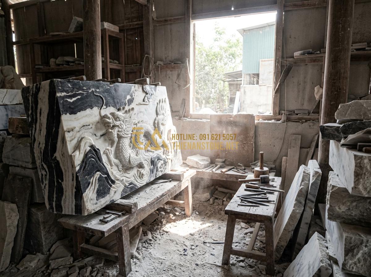 Create a detailed professional behind-the-scenes photo of skilled Vietnamese stone artisans hand-carving a natural stone bas-relief at a traditional workshop, tools visible, dust in air, focused lighting on the sculpture, realistic workshop environment with stone blocks around, high quality 8k cinematic style