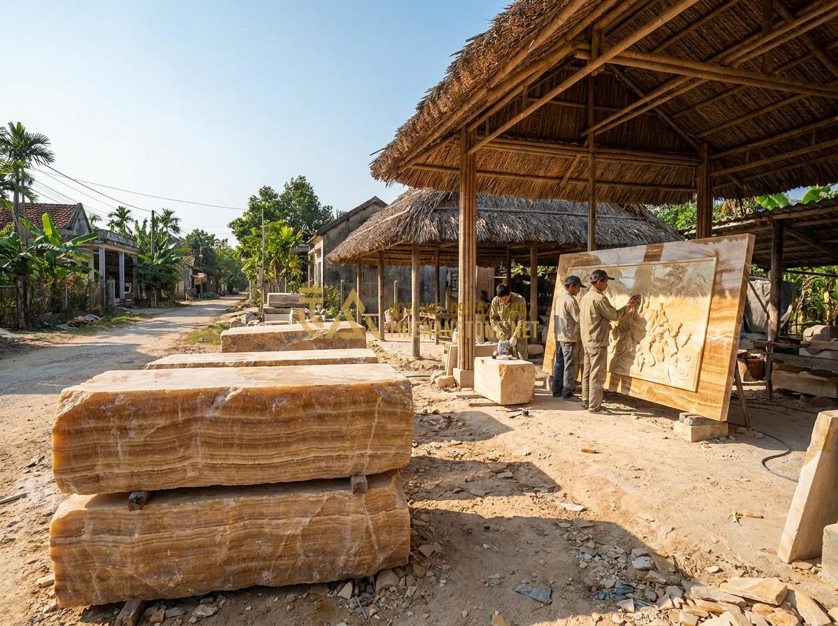 Create a wide professional photo of the exterior of Thien An Stone workshop in Phu Tho Vietnam, showing skilled workers handling large natural stone blocks and finished bas-relief sculptures, sunny day, traditional Vietnamese rural setting, realistic documentary style, high detail 8k
