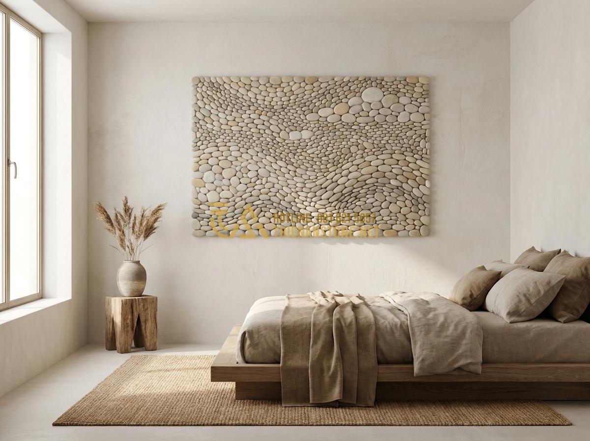 Tạo ảnh tiếng Anh: Serene abstract tranh da cuoi pebble stone painting with soft natural stone colors forming gentle waves and clouds, hung in a minimalist bedroom, soft morning light coming through window, peaceful and calming atmosphere, professional interior design photo