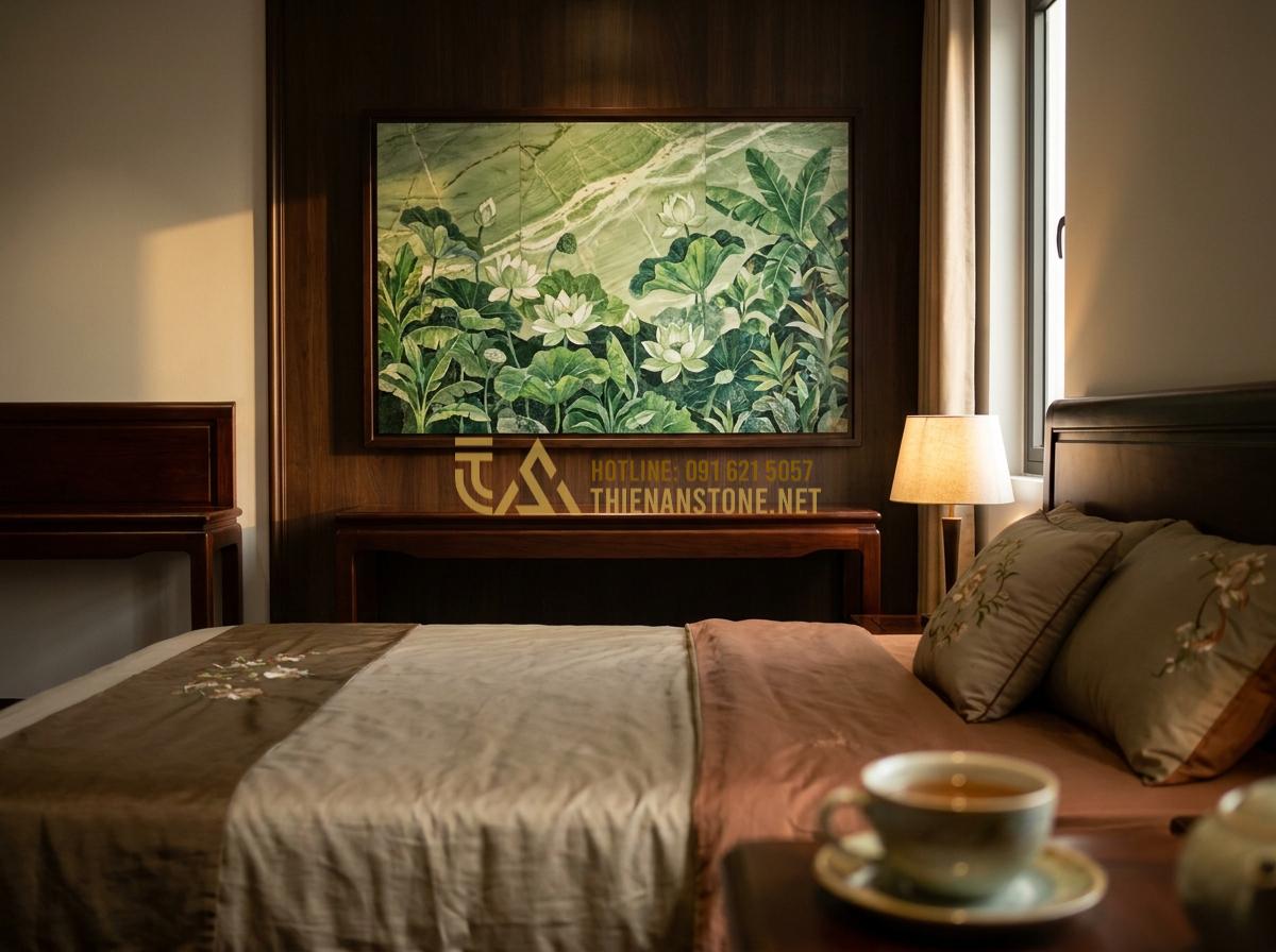 Create a professional high-resolution image of a serene natural stone painting featuring blooming flowers and lush greenery made from sliced natural stones with vibrant mineral colors, displayed in an elegant bedroom interior with warm lighting, luxurious bedding and furniture, photorealistic detail, calming atmosphere