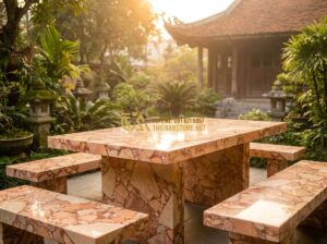 1 Bộ Bàn Ghế Đá Tự Nhiên Bao Nhiêu Tiền? Bảng Giá Cập Nhật Mới Nhất - Create a high-quality professional photo of a serene garden setting at sunset. I