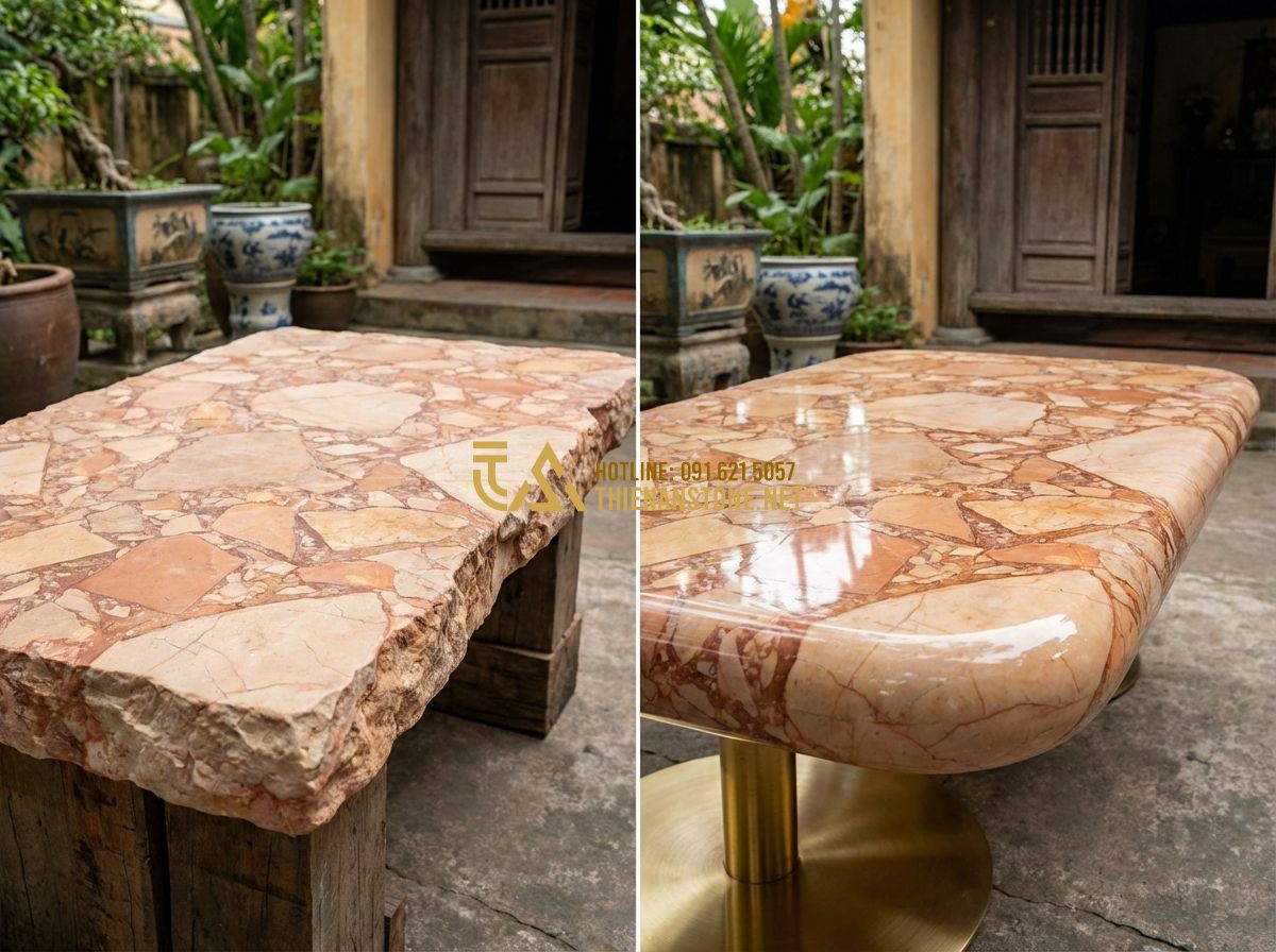 1 Bộ Bàn Ghế Đá Tự Nhiên Bao Nhiêu Tiền? Bảng Giá Cập Nhật Mới Nhất - Hình 3 1 Bộ Bàn Ghế Đá Tự Nhiên Bao Nhiêu Tiền? Bảng Giá Cập Nhật Mới Nhất - A side-by-side comparison of two types of natural stone sets. On the left, a rus
