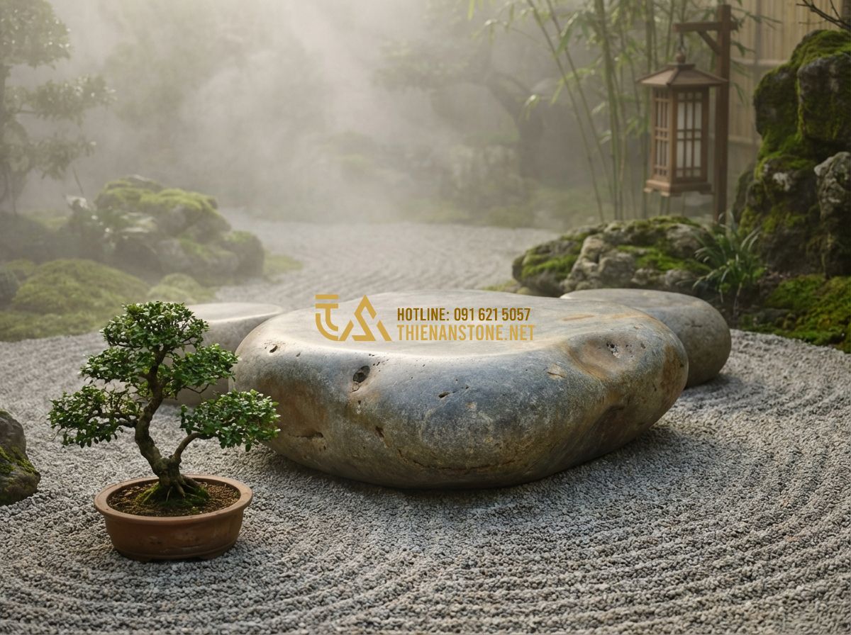 1 Bộ Bàn Ghế Đá Tự Nhiên Bao Nhiêu Tiền? Bảng Giá Cập Nhật Mới Nhất - Hình 6 1 Bộ Bàn Ghế Đá Tự Nhiên Bao Nhiêu Tiền? Bảng Giá Cập Nhật Mới Nhất - An atmospheric shot of a natural stone table set placed in a Zen garden with rak
