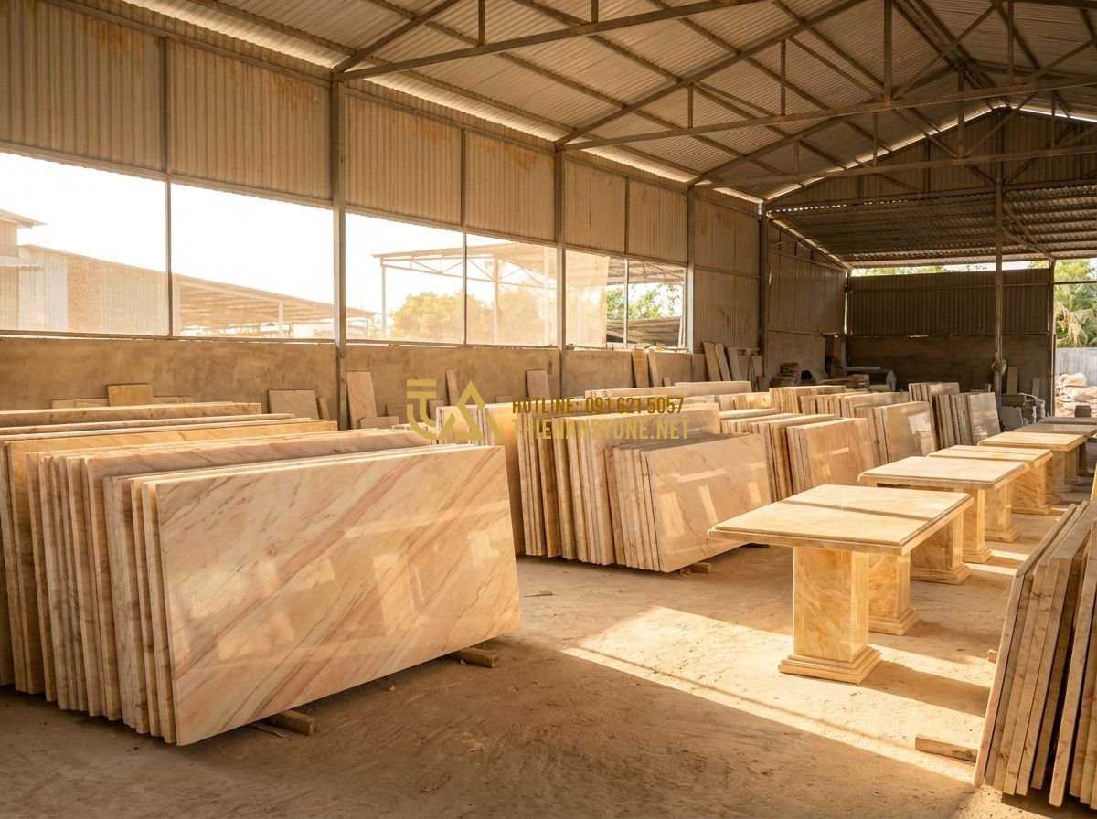1 Bộ Bàn Ghế Đá Tự Nhiên Bao Nhiêu Tiền? Bảng Giá Cập Nhật Mới Nhất - Hình 7 1 Bộ Bàn Ghế Đá Tự Nhiên Bao Nhiêu Tiền? Bảng Giá Cập Nhật Mới Nhất - A customer visiting a large stone warehouse, walking between rows of various sto