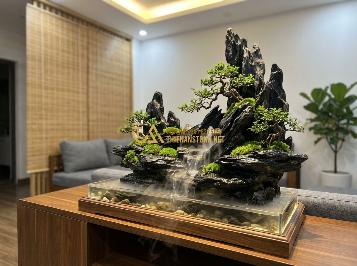100+ Mẫu Hòn Non Bộ Mini Đẹp Nhất 2024: Để Bàn, Trong Nhà Và Nuôi Cá - Tạo ảnh tiếng Anh: A detailed professional photograph of a sophisticated indoor