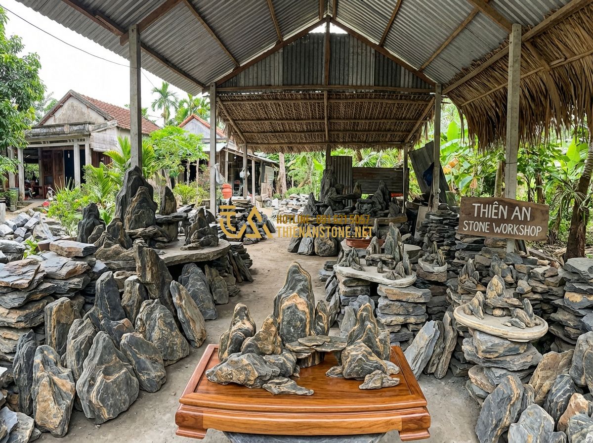 100+ Mẫu Hòn Non Bộ Mini Đẹp Nhất 2024: Để Bàn, Trong Nhà Và Nuôi Cá - Tạo ảnh tiếng Anh: A panoramic view of a traditional stone craft workshop in rur