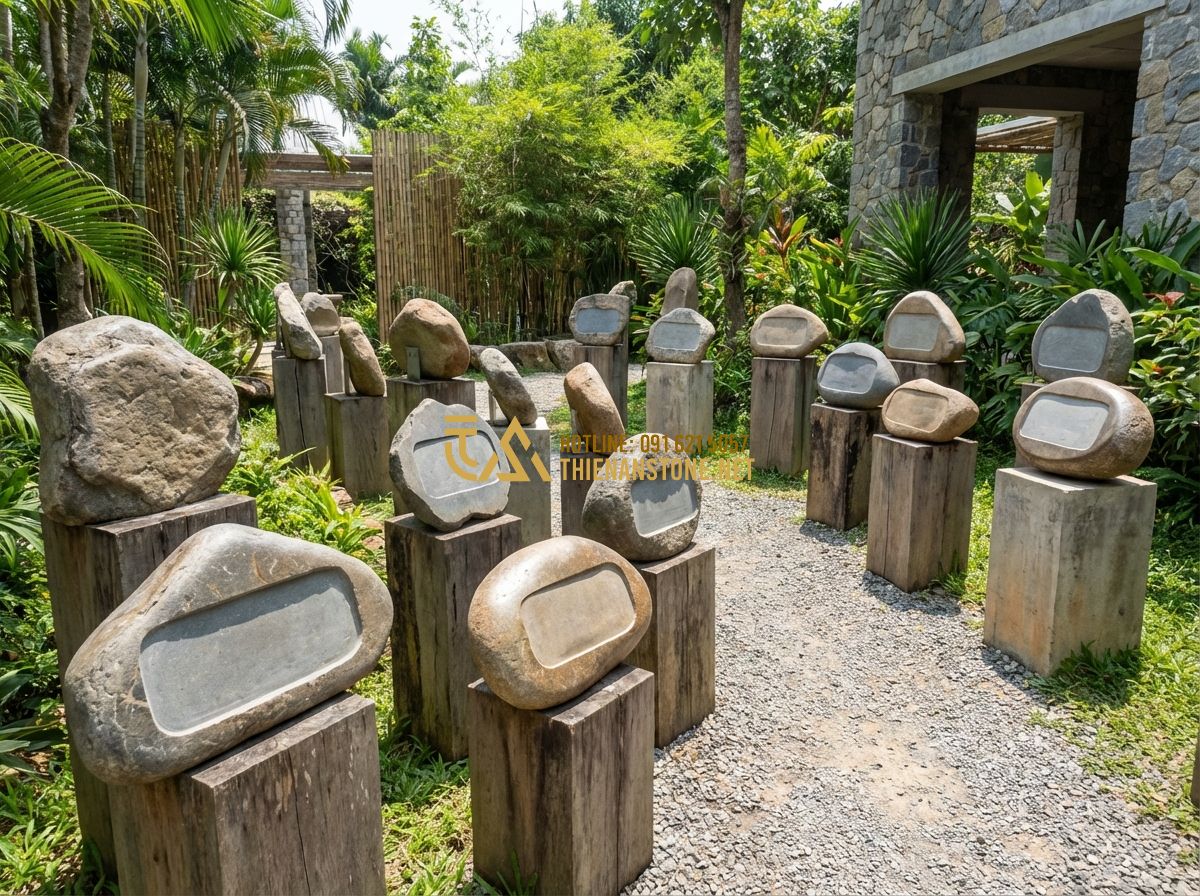 15 Mẫu Bảng Hiệu Độc Đáo Bằng Đá Tự Nhiên Đang Làm Mưa Làm Gió Hiện Nay - Tạo ảnh tiếng Anh: A collection of 15 unique natural stone signs displayed in a