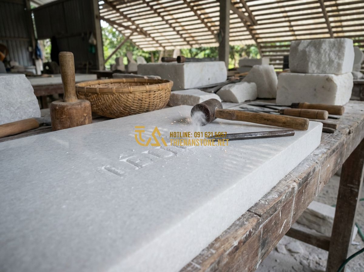 15 Mẫu Bảng Hiệu Độc Đáo Bằng Đá Tự Nhiên Đang Làm Mưa Làm Gió Hiện Nay - Tạo ảnh tiếng Anh: A master stone craftsman carefully carving letters into a lar