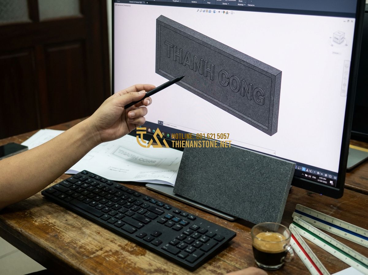 15 Mẫu Bảng Hiệu Độc Đáo Bằng Đá Tự Nhiên Đang Làm Mưa Làm Gió Hiện Nay - Tạo ảnh tiếng Anh: Close-up of a designer pointing at a 3D blueprint of a stone
