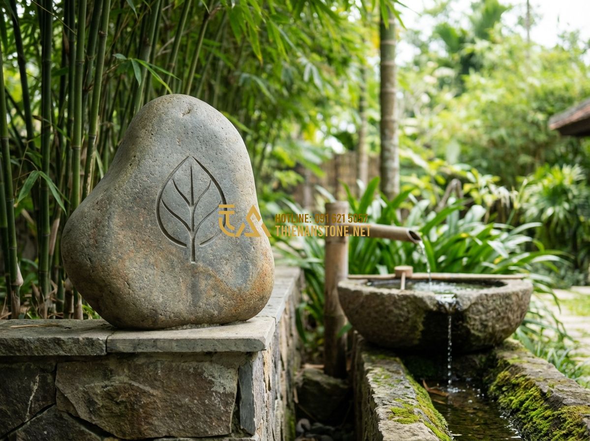 15 Mẫu Bảng Hiệu Độc Đáo Bằng Đá Tự Nhiên Đang Làm Mưa Làm Gió Hiện Nay - Tạo ảnh tiếng Anh: A serene outdoor spa entrance with a natural stone sign featu