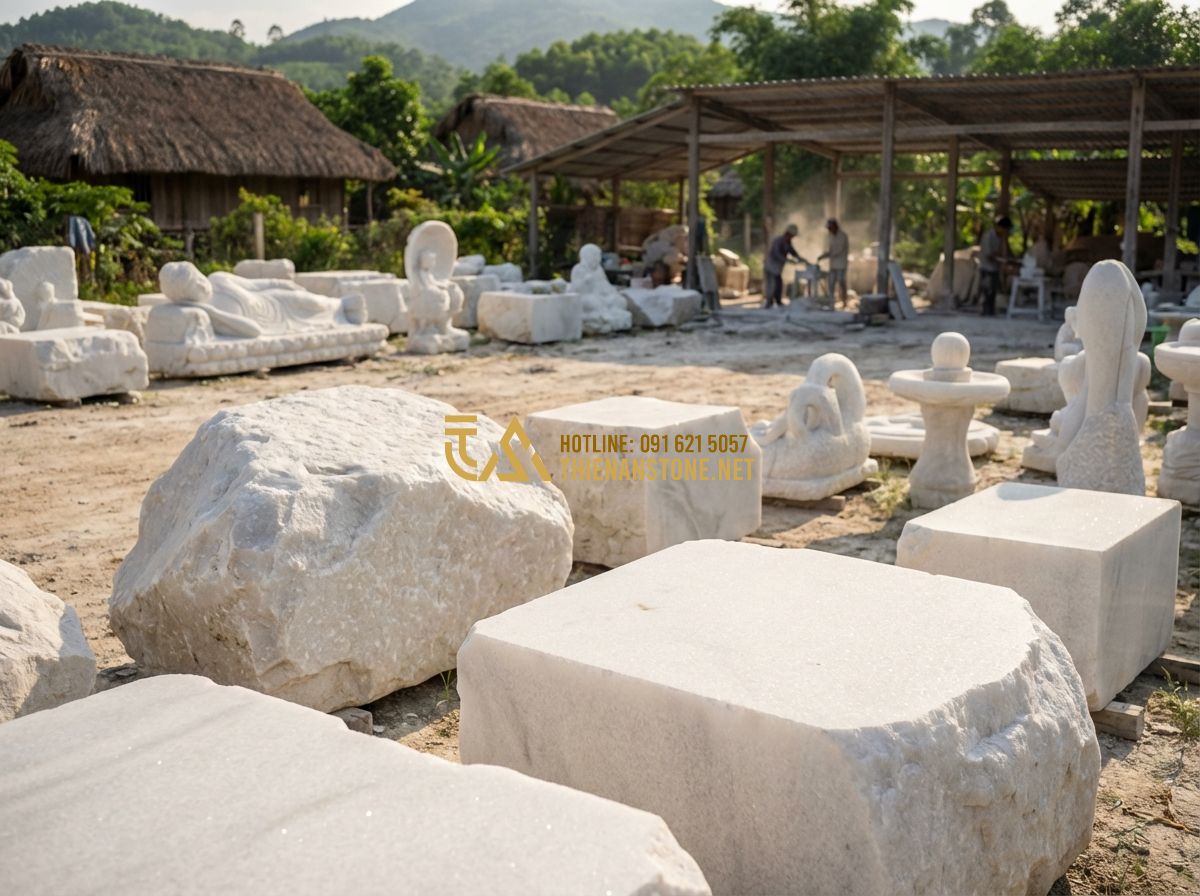 15 Mẫu Bảng Hiệu Độc Đáo Bằng Đá Tự Nhiên Đang Làm Mưa Làm Gió Hiện Nay - Tạo ảnh tiếng Anh: A welcoming view of the Thien An Stone workshop in a rural se