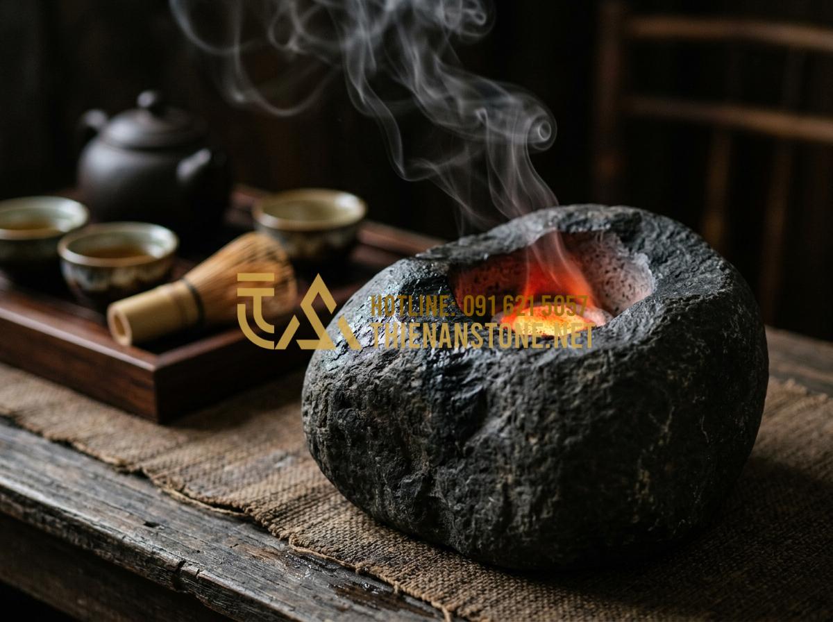 15+ Mẫu bếp đá đun nước pha trà Nhật Bản đẹp và tinh xảo nhất hiện nay - Hình 2 15+ Mẫu bếp đá đun nước pha trà Nhật Bản đẹp và tinh xảo nhất hiện nay - Tạo ảnh tiếng Anh: Close-up shot focusing on the texture of a dark grey basalt s