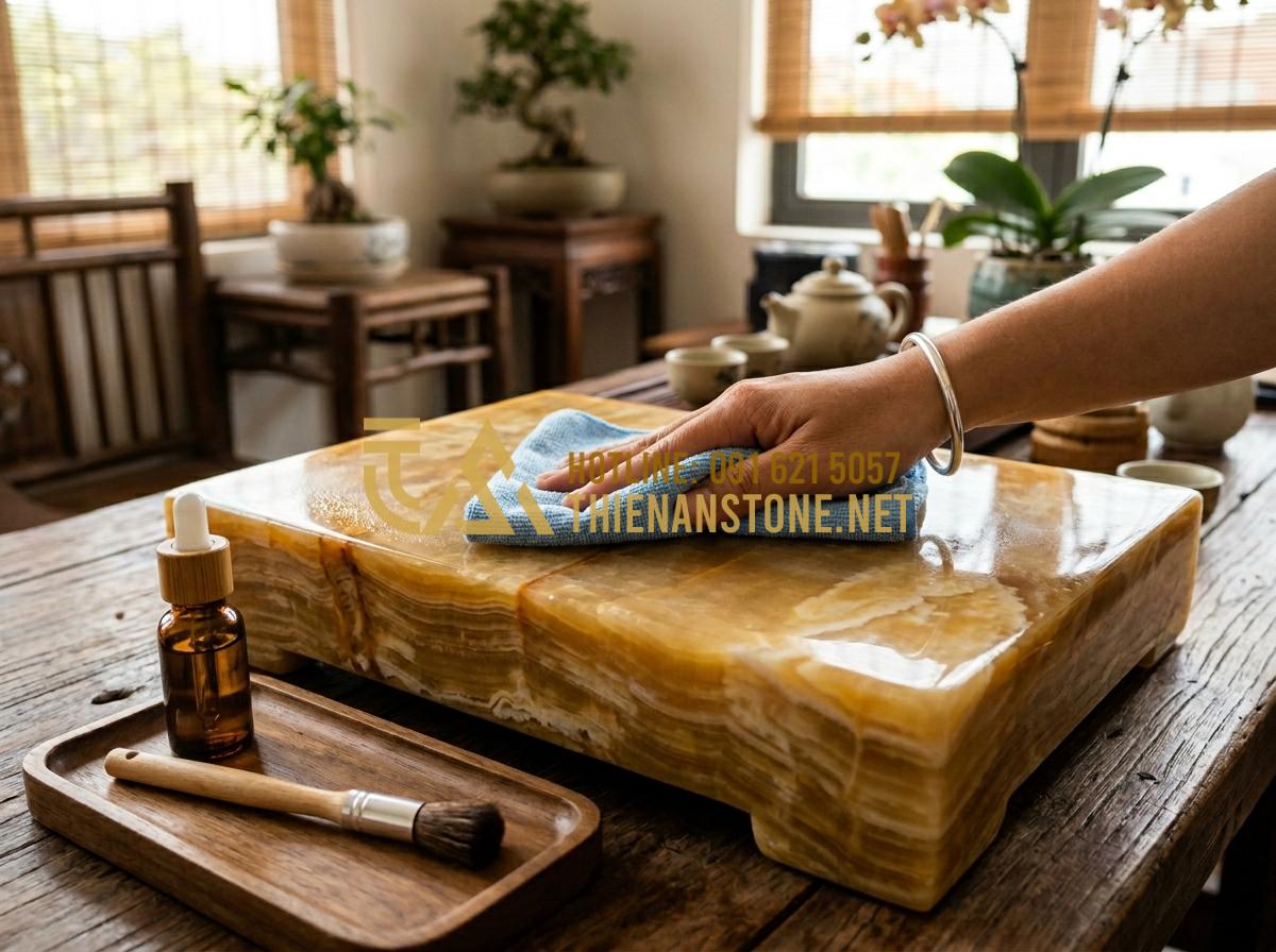 15+ Mẫu bếp đá đun nước pha trà Nhật Bản đẹp và tinh xảo nhất hiện nay - Hình 6 15+ Mẫu bếp đá đun nước pha trà Nhật Bản đẹp và tinh xảo nhất hiện nay - Tạo ảnh tiếng Anh: A person's hand using a soft microfiber cloth to gently clean