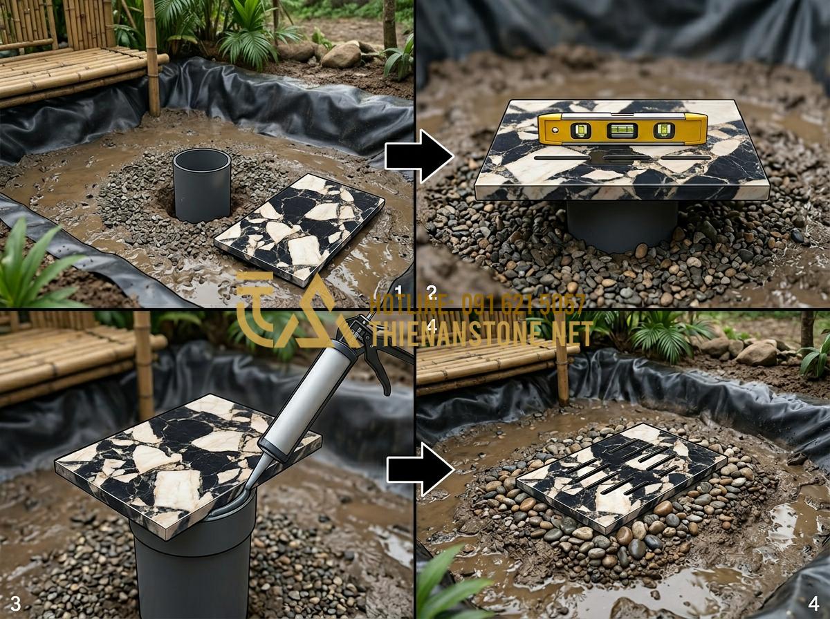 15+ Mẫu nắp hút đáy bể cá bằng đá đẹp, tinh xảo cho mọi phong cách thiết kế - Tạo ảnh tiếng Anh: A step-by-step technical illustration showing the correct ins