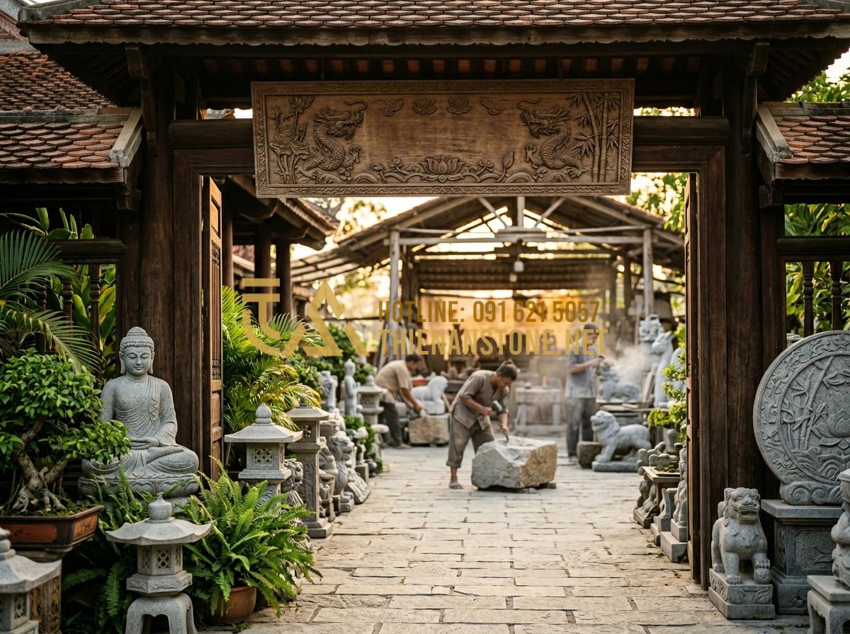 15+ Mẫu nắp hút đáy bể cá bằng đá đẹp, tinh xảo cho mọi phong cách thiết kế - Tạo ảnh tiếng Anh: The entrance of Thien An Stone workshop, featuring a large wo