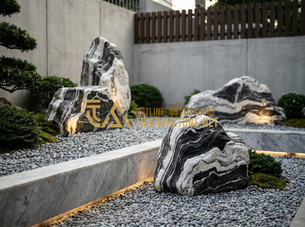 15+ Mẫu tiểu cảnh đá Tuyết Sơn hiện đại tối ưu diện tích sân vườn - Hình 11 15+ Mẫu tiểu cảnh đá Tuyết Sơn hiện đại tối ưu diện tích sân vườn - Minimalist modern Tuyet Son stone garden with sparse large rocks, hidden LED lig