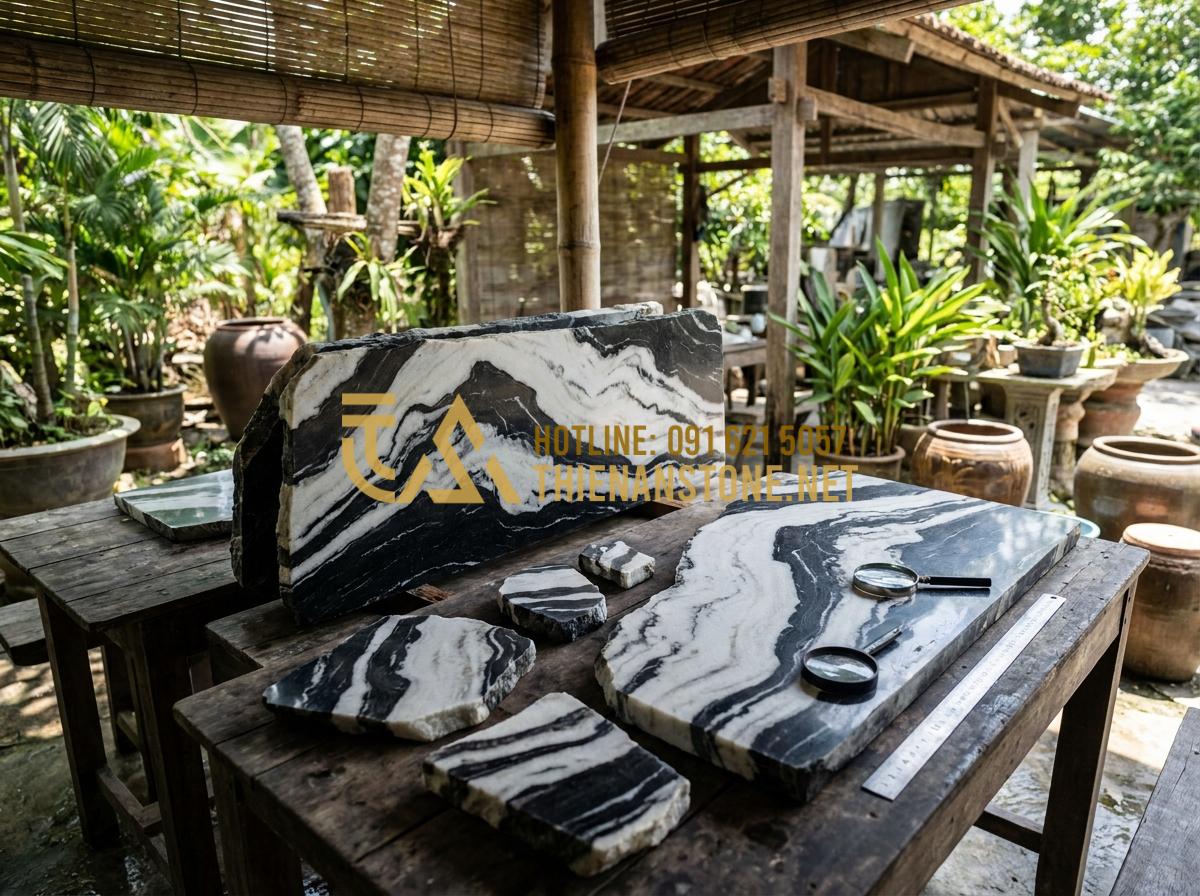 15+ Mẫu tiểu cảnh đá Tuyết Sơn hiện đại tối ưu diện tích sân vườn - Hình 18 15+ Mẫu tiểu cảnh đá Tuyết Sơn hiện đại tối ưu diện tích sân vườn - High-quality Tuyet Son stone selection process showing inspection of color, weig