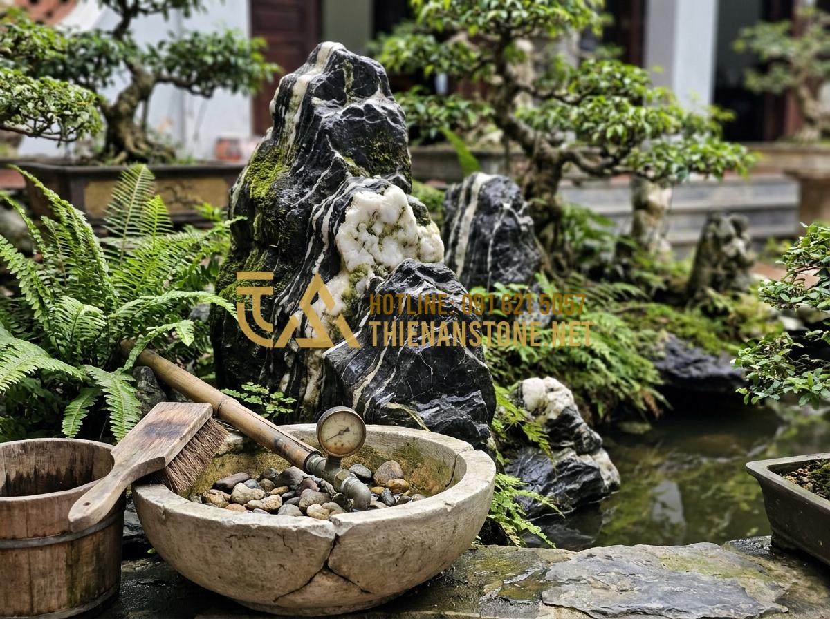 15+ Mẫu tiểu cảnh đá Tuyết Sơn hiện đại tối ưu diện tích sân vườn - Hình 21 15+ Mẫu tiểu cảnh đá Tuyết Sơn hiện đại tối ưu diện tích sân vườn - Maintenance tips illustration for Tuyet Son stone garden including cleaning and