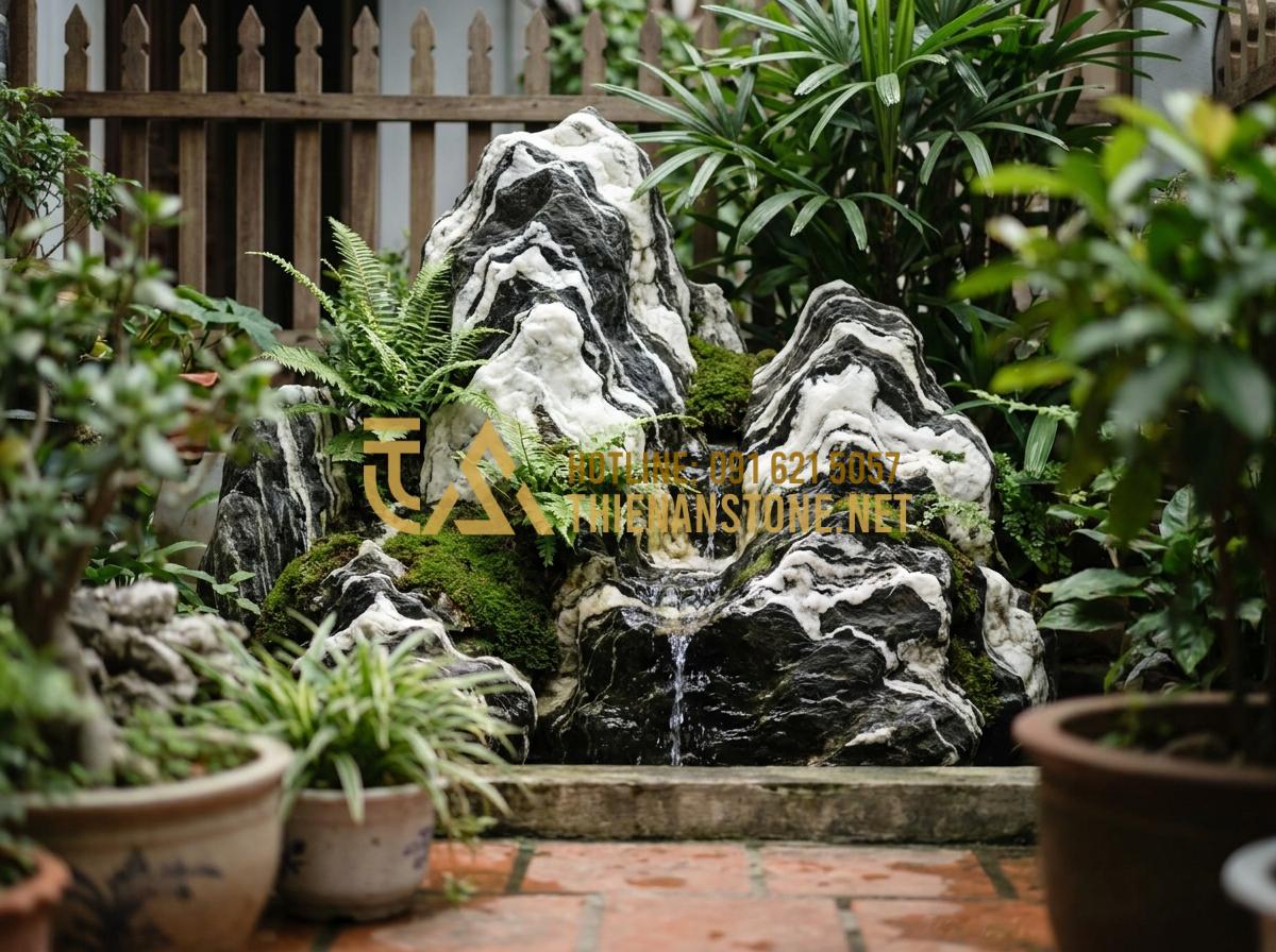 15+ Mẫu tiểu cảnh đá Tuyết Sơn hiện đại tối ưu diện tích sân vườn - Hình 7 15+ Mẫu tiểu cảnh đá Tuyết Sơn hiện đại tối ưu diện tích sân vườn - Compact Tuyet Son stone mini mountain scene with cascading water stream in a tin