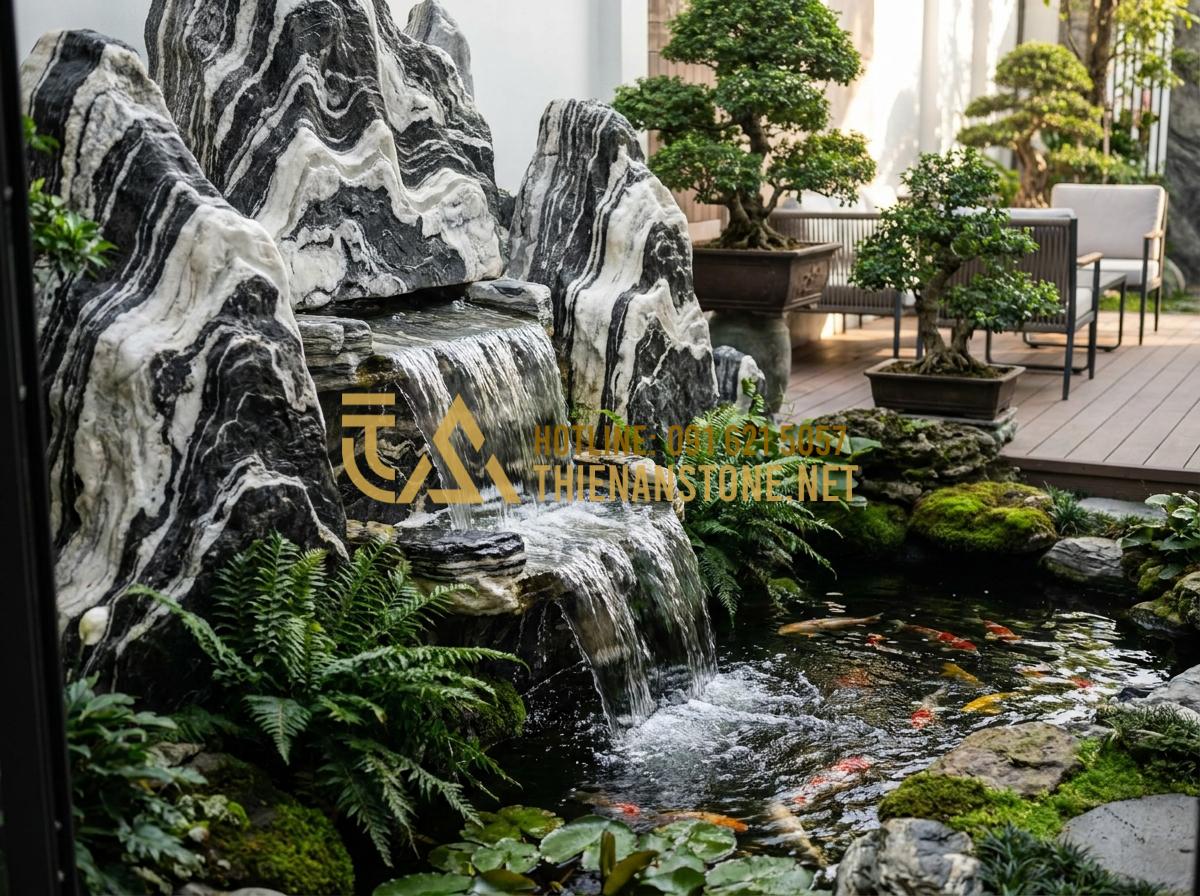 15+ Mẫu tiểu cảnh đá Tuyết Sơn hiện đại tối ưu diện tích sân vườn - Hình 9 15+ Mẫu tiểu cảnh đá Tuyết Sơn hiện đại tối ưu diện tích sân vườn - Tuyet Son stone rockery with artificial waterfall flowing into a small Koi pond,