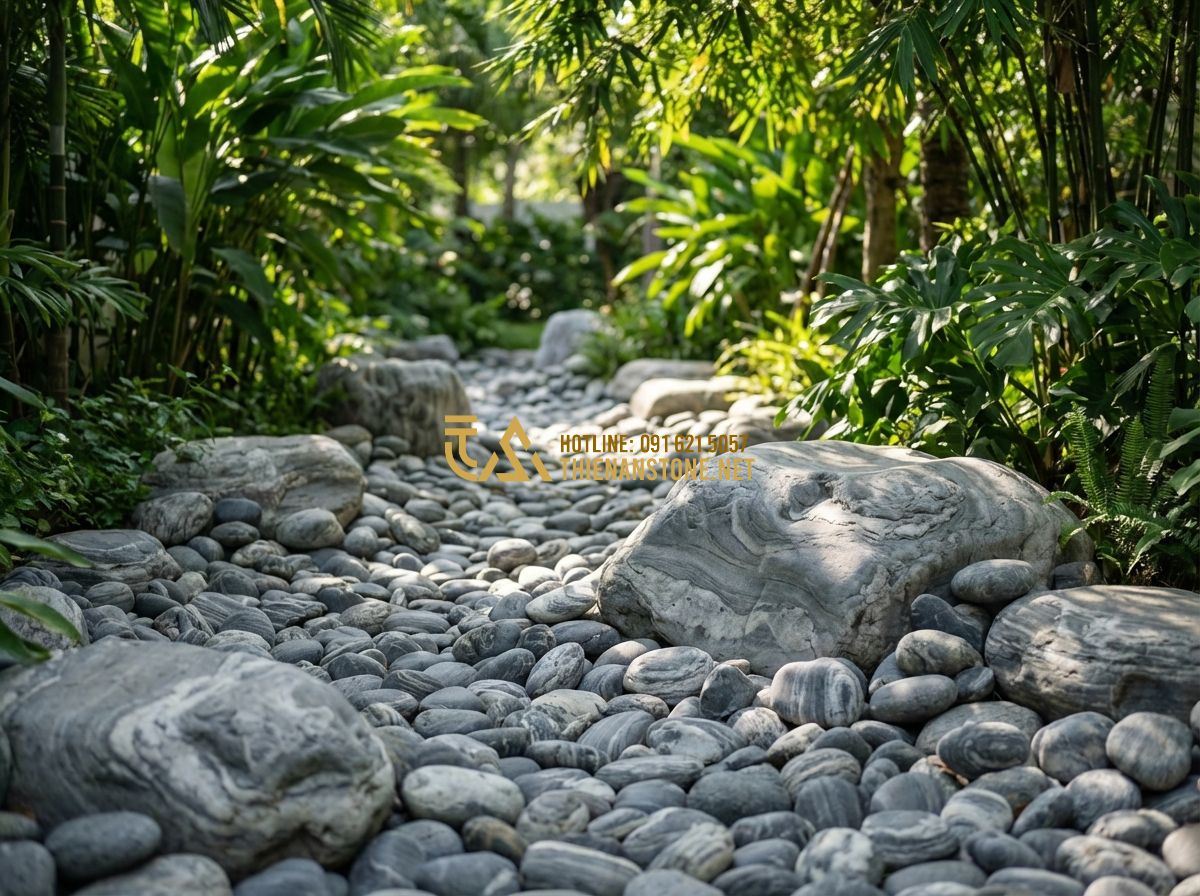 30+ Mẫu Layout Đá Cuội Vân Mây Đẹp Lung Linh Cho Sân Vườn, Tiểu Cảnh - Tạo ảnh tiếng Anh: A high-end garden layout featuring various sizes of Van May c