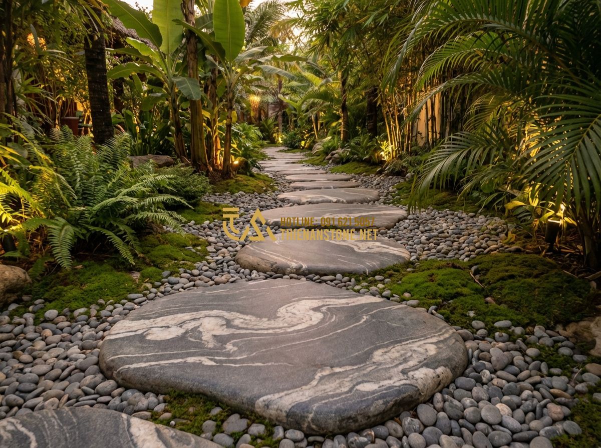 30+ Mẫu Layout Đá Cuội Vân Mây Đẹp Lung Linh Cho Sân Vườn, Tiểu Cảnh - Tạo ảnh tiếng Anh: A winding garden path made of large flat cloud-patterned pebb