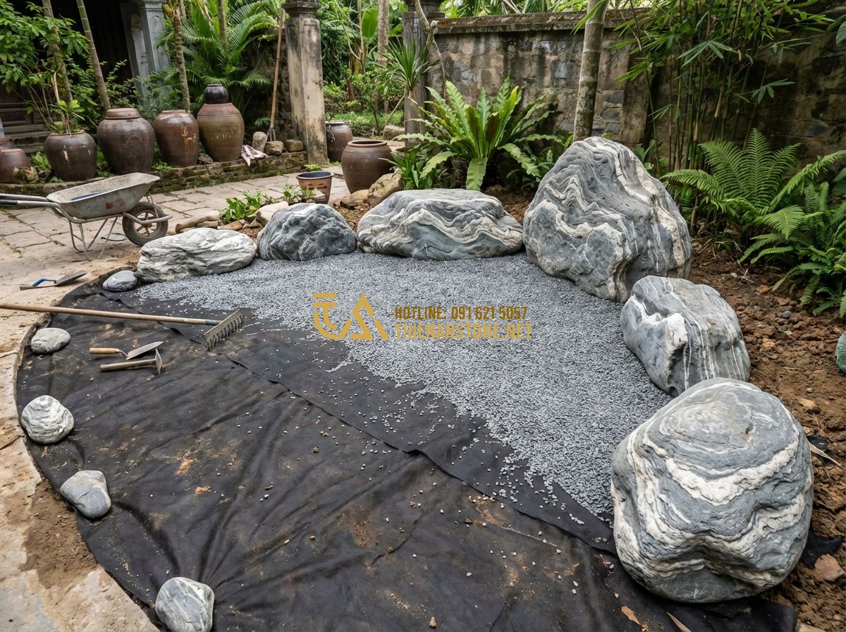 30+ Mẫu Layout Đá Cuội Vân Mây Đẹp Lung Linh Cho Sân Vườn, Tiểu Cảnh - Tạo ảnh tiếng Anh: A professional landscape construction scene showing the prepa