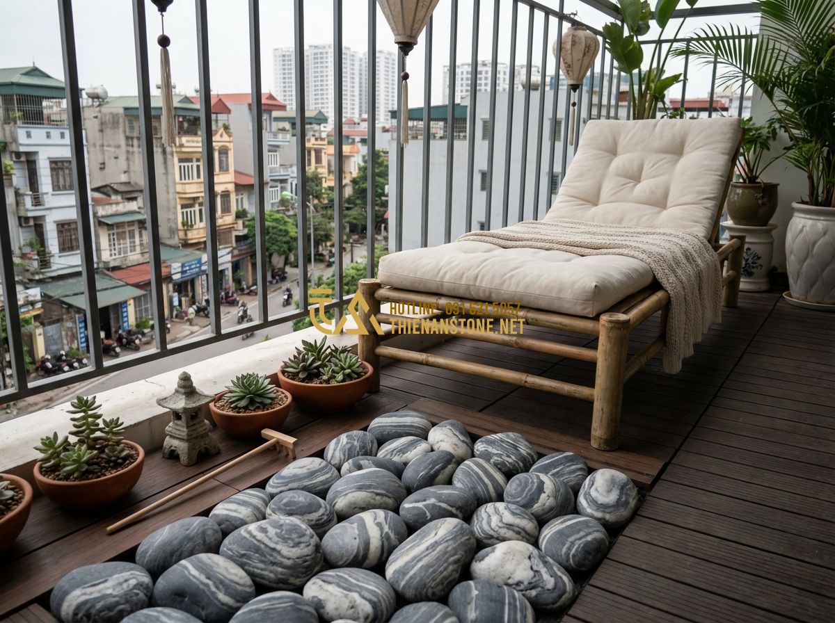 30+ Mẫu Layout Đá Cuội Vân Mây Đẹp Lung Linh Cho Sân Vườn, Tiểu Cảnh - Tạo ảnh tiếng Anh: A cozy apartment balcony decorated with a small Zen garden la