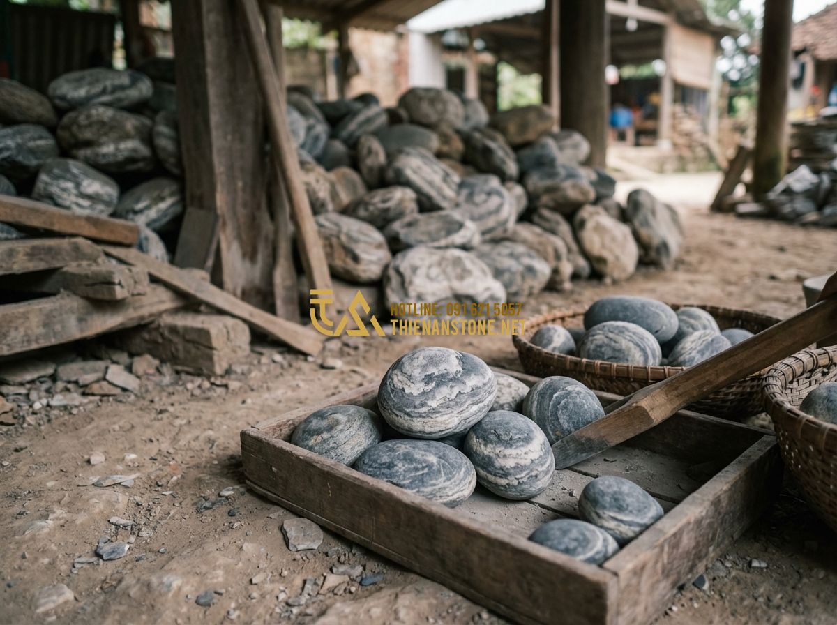 30+ Mẫu Layout Đá Cuội Vân Mây Đẹp Lung Linh Cho Sân Vườn, Tiểu Cảnh - Tạo ảnh tiếng Anh: A craftsman at Thien An Stone Workshop carefully selecting an