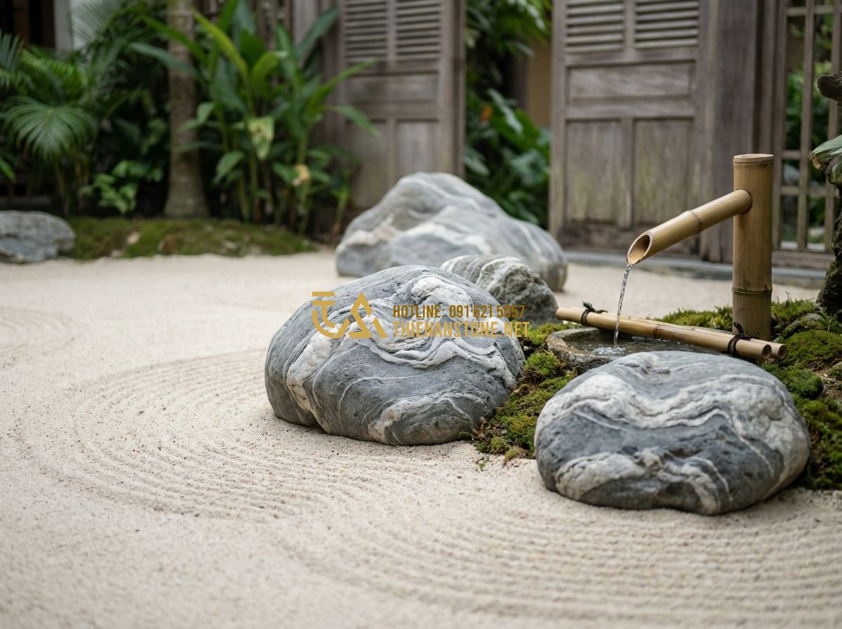 30+ Mẫu Layout Đá Cuội Vân Mây Đẹp Lung Linh Cho Sân Vườn, Tiểu Cảnh - Tạo ảnh tiếng Anh: A balanced Zen garden layout with cloud-patterned stones, a s