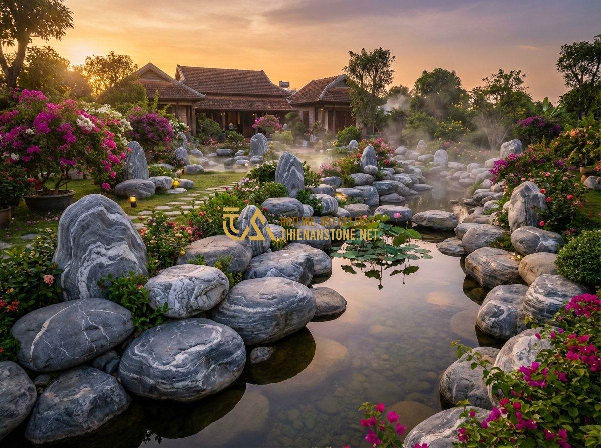30+ Mẫu Layout Đá Cuội Vân Mây Đẹp Lung Linh Cho Sân Vườn, Tiểu Cảnh - Tạo ảnh tiếng Anh: A breathtaking panoramic view of a large villa garden featuri