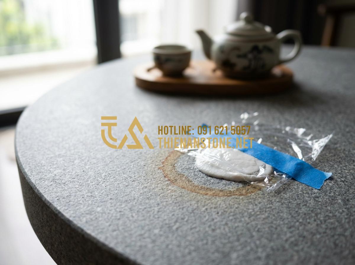 5 Cách vệ sinh và bảo quản bàn trà đá tự nhiên luôn sáng bóng như mới - Tạo ảnh tiếng Anh: Step-by-step cleaning process of removing a tea stain from a