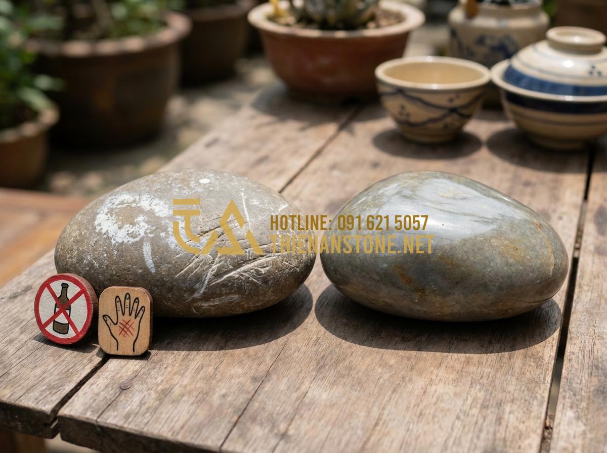 5 Cách vệ sinh và bảo quản bàn trà đá tự nhiên luôn sáng bóng như mới - Tạo ảnh tiếng Anh: A visual comparison of a damaged stone surface showing acid b