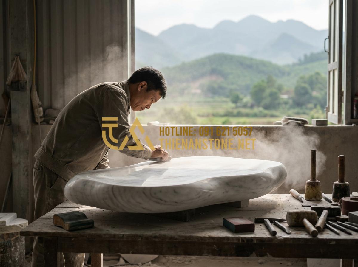 5 Cách vệ sinh và bảo quản bàn trà đá tự nhiên luôn sáng bóng như mới - Tạo ảnh tiếng Anh: An artisan at Thien An Stone workshop carefully polishing a l