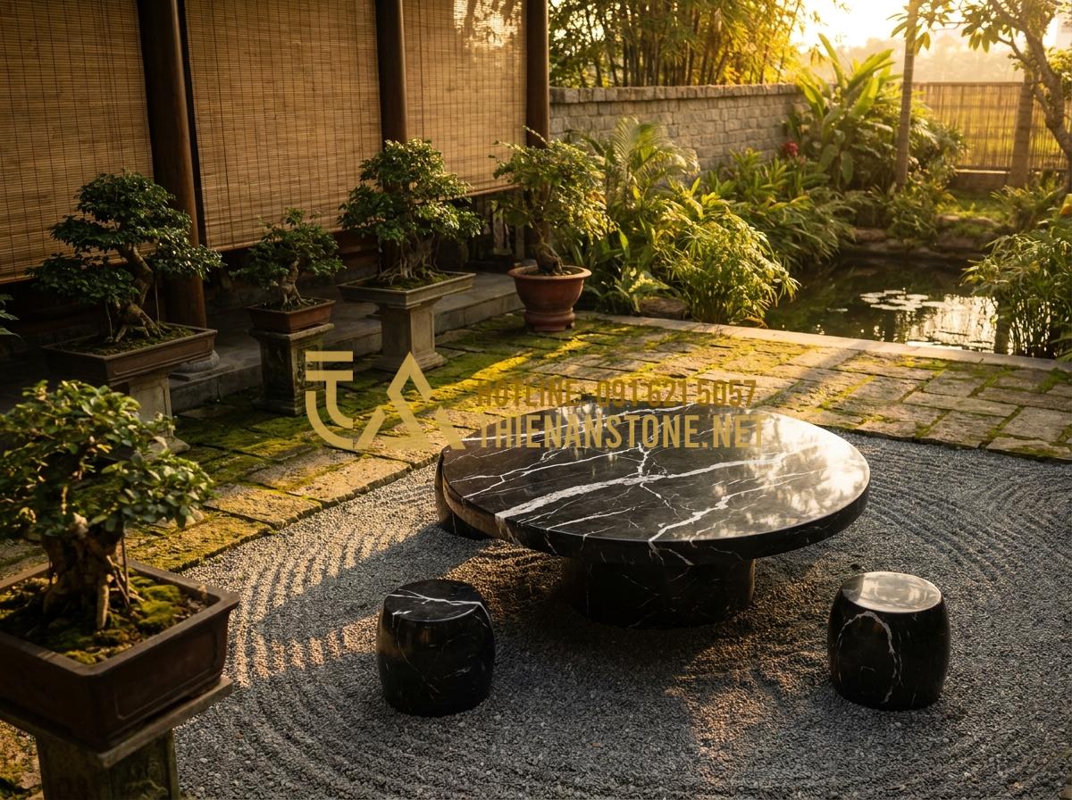 5 Cách vệ sinh và bảo quản bàn trà đá tự nhiên luôn sáng bóng như mới - Tạo ảnh tiếng Anh: A warm and inviting scene of a finished garden project with a