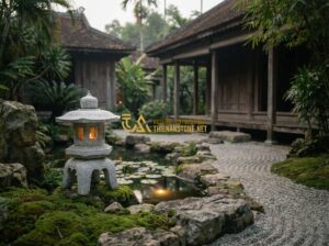 5 Lợi Ích Tuyệt Vời Khi Sử Dụng Đèn Đá Sân Vườn Nhật Bản Bạn Nên Biết - Create a professional cinematic photograph of a traditional Japanese Zen garden