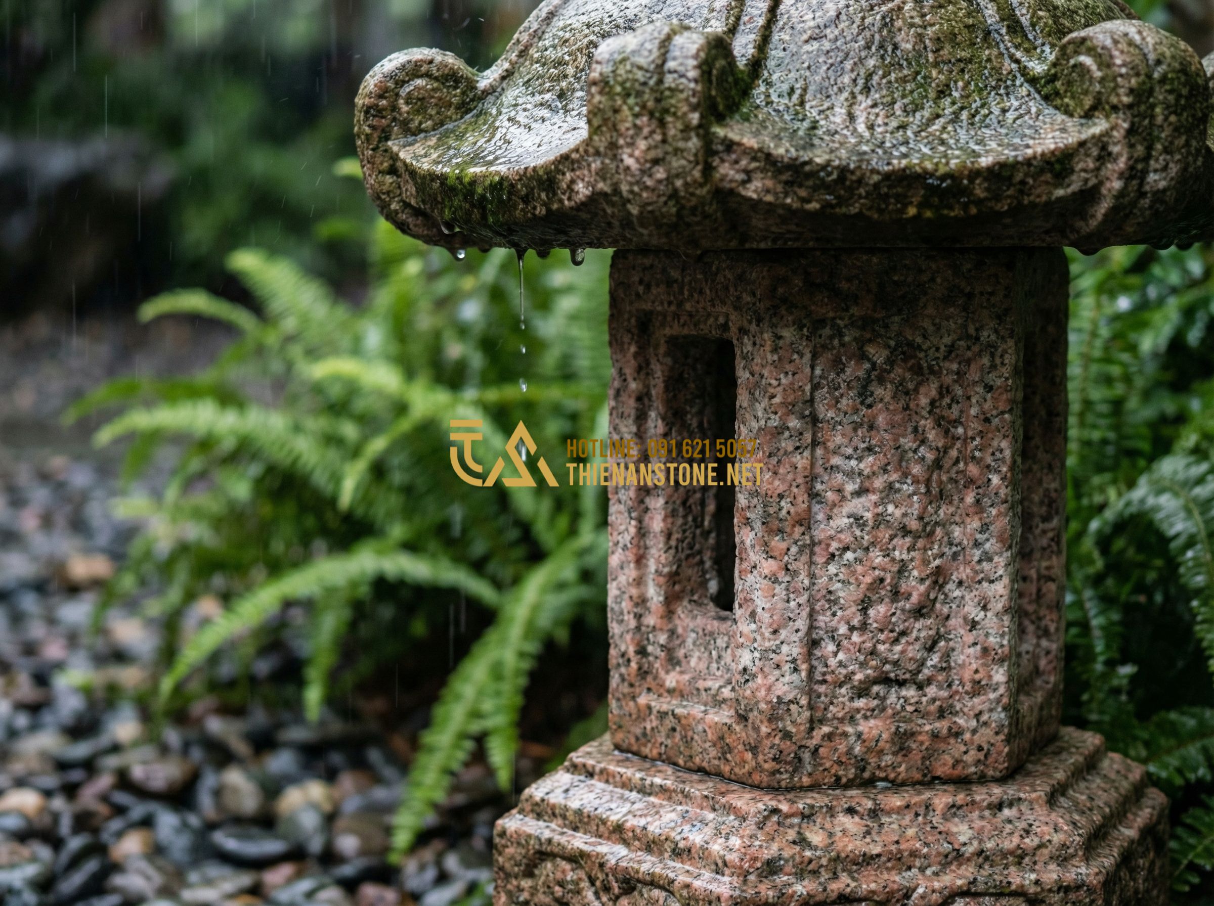 5 Lợi Ích Tuyệt Vời Khi Sử Dụng Đèn Đá Sân Vườn Nhật Bản Bạn Nên Biết - Hình 3 5 Lợi Ích Tuyệt Vời Khi Sử Dụng Đèn Đá Sân Vườn Nhật Bản Bạn Nên Biết - Close-up architectural photograph of a stone lantern during a rainstorm. Raindro