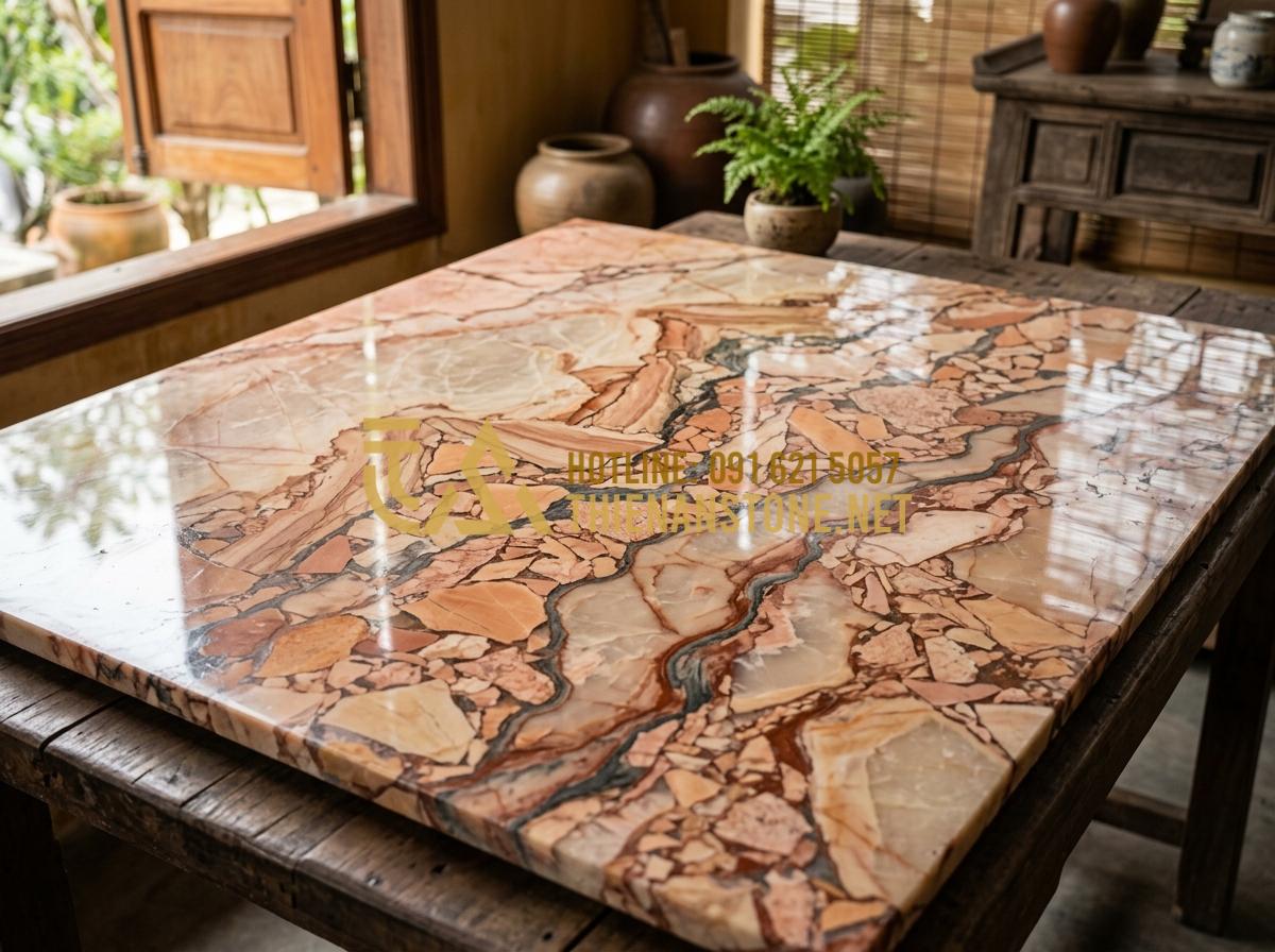5 Lưu ý phong thủy khi chọn tranh đá tự nhiên ốp tường phòng khách - Hình 2 5 Lưu ý phong thủy khi chọn tranh đá tự nhiên ốp tường phòng khách - Tạo ảnh tiếng Anh: Close-up shot of a natural stone slab with intricate veins re