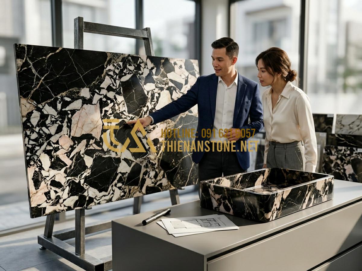 5 Lưu ý phong thủy khi chọn tranh đá tự nhiên ốp tường phòng khách - Hình 3 5 Lưu ý phong thủy khi chọn tranh đá tự nhiên ốp tường phòng khách - Tạo ảnh tiếng Anh: A professional architect explaining feng shui principles to a