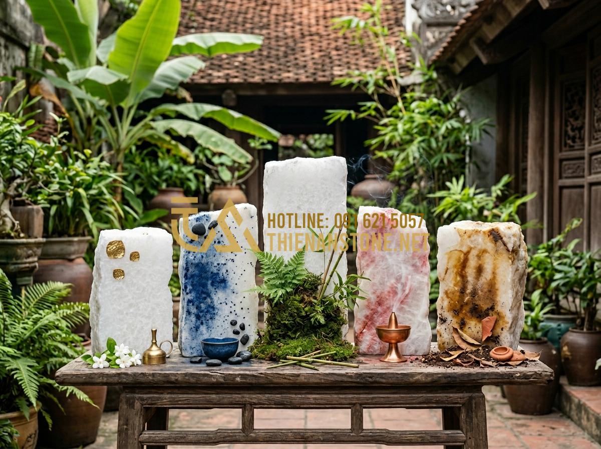 5 Lưu ý phong thủy khi chọn tranh đá tự nhiên ốp tường phòng khách - Hình 4 5 Lưu ý phong thủy khi chọn tranh đá tự nhiên ốp tường phòng khách - Tạo ảnh tiếng Anh: A montage showing five different types of natural stone slabs
