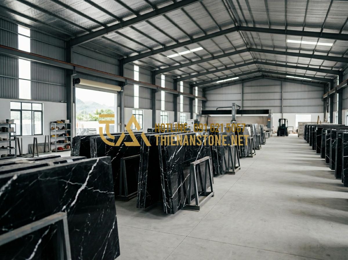 5 Lưu ý phong thủy khi chọn tranh đá tự nhiên ốp tường phòng khách - Hình 9 5 Lưu ý phong thủy khi chọn tranh đá tự nhiên ốp tường phòng khách - Tạo ảnh tiếng Anh: A panoramic view of a grand stone workshop with various large