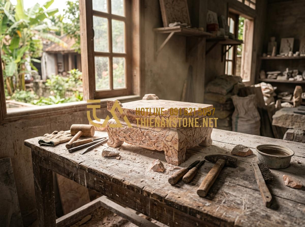 7+ Mẫu Bàn Thờ Đá Công Giáo Mini Cho Gia Đình Chung Cư Đẹp Tinh Tế - Hình 4 7+ Mẫu Bàn Thờ Đá Công Giáo Mini Cho Gia Đình Chung Cư Đẹp Tinh Tế - Tạo ảnh tiếng Anh: [A skilled stone carver in a dusty apron working on a small s